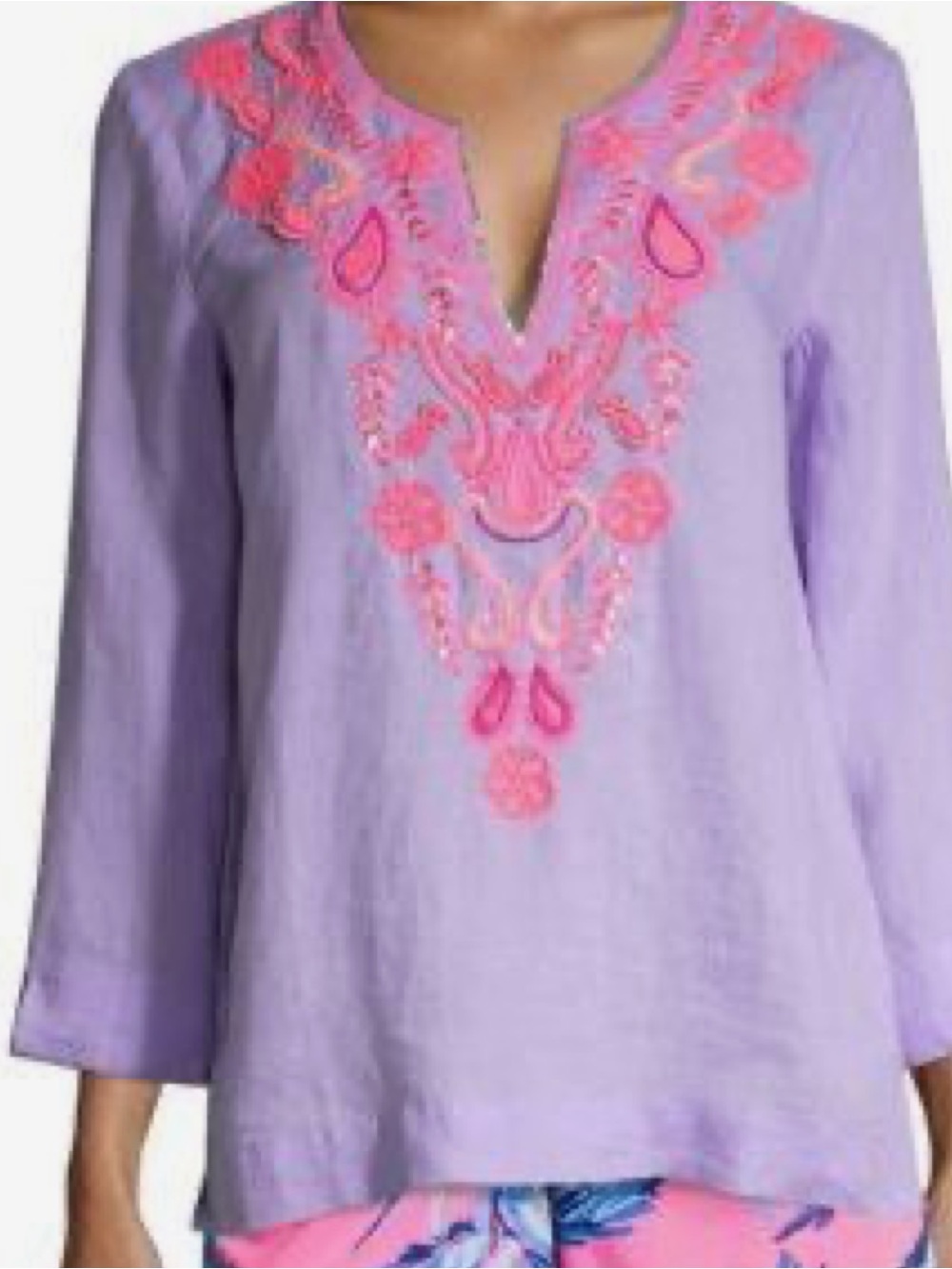 Lilly Pulitzer Linen LILAC VERBEN BEADED Amelia Island Tunic Size LARGE $188